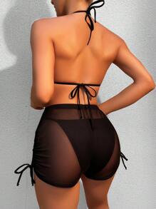 Bộ Bikini Nữ Dây kéo Buộc lại màu trơn - màu đen - Xem 2