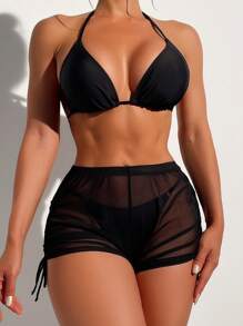 Bộ Bikini Nữ Dây kéo Buộc lại màu trơn - màu đen - Xem 1
