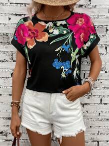 SHEIN LUNE Floral Print Batwing Sleeve Tee - Black - View 1
