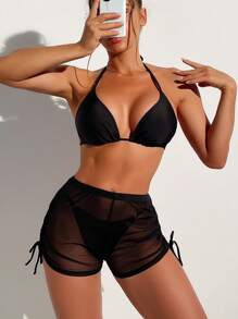 Bộ Bikini Nữ Dây kéo Buộc lại màu trơn - màu đen - Xem 6