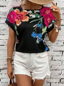 SHEIN LUNE Floral Print Batwing Sleeve Tee - Black - View 4