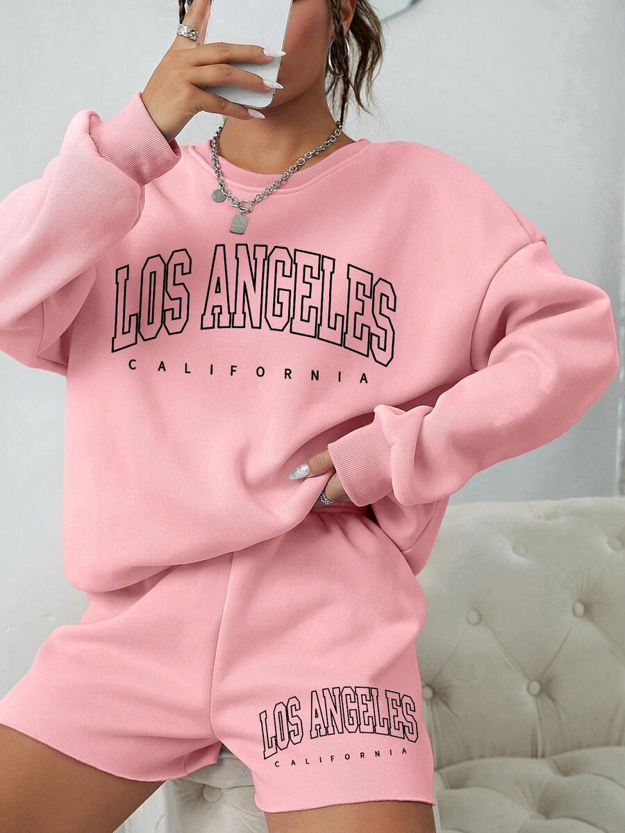 SHEIN EZwear Bộ đồ hai mảnh nữ Lá thư Giải trí - Hồng - Xem 1