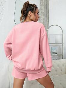 SHEIN EZwear Bộ đồ hai mảnh nữ Lá thư Giải trí - Hồng - Xem 2