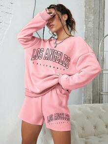 SHEIN EZwear Bộ đồ hai mảnh nữ Lá thư Giải trí - Hồng - Xem 3