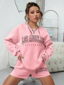 SHEIN EZwear Bộ đồ hai mảnh nữ Lá thư Giải trí - Hồng - Xem 4