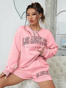 SHEIN EZwear Bộ đồ hai mảnh nữ Lá thư Giải trí - Hồng - Xem 5