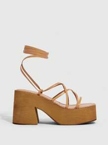 女人鞋子時尚杏色綁帶厚底涼鞋,薄款綁帶打結裝飾麻繩鞋適用於春夏季節 - 杏色 - 查看 3