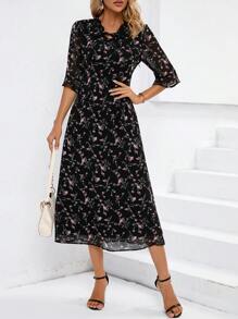SHEIN Clasi 印花繫帶領荷葉袖連衣裙 - 黑色 - 查看 2