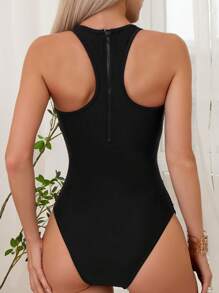 SHEIN Swim Phụ nữ một mảnh Tương phản Mesh Hội Chữ thập Xù màu trơn - màu đen - Xem 2