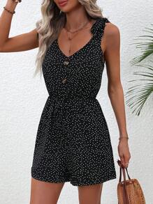 SHEIN LUNE Mono con estampado de lunares de hombro con nudo - Negro - Ver 5