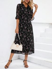 SHEIN Clasi 印花繫帶領荷葉袖連衣裙 - 黑色 - 查看 1