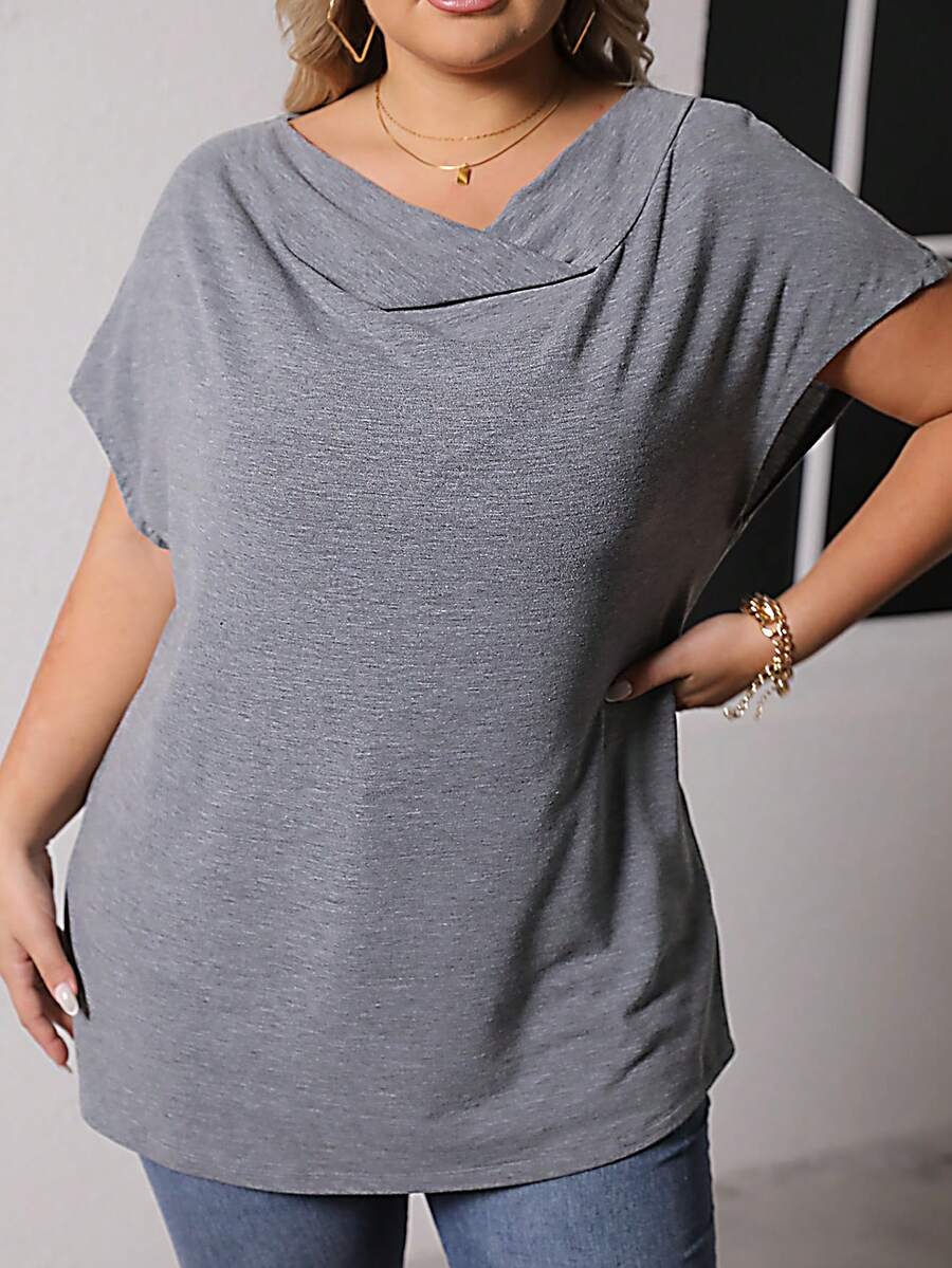 SHEIN LUNE 大碼前垂褶蝙蝠袖T恤 - 灰色 - 查看 1