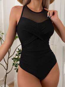SHEIN Swim Phụ nữ một mảnh Tương phản Mesh Hội Chữ thập Xù màu trơn - màu đen - Xem 6