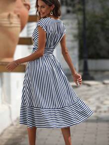 Breezaya Striped Print Ruffle Hem Dress Maxi Vacation Beach Outfits Women - Blue and White - View 2