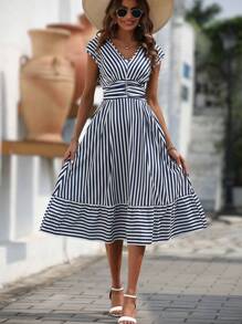 Breezaya Striped Print Ruffle Hem Dress Maxi Vacation Beach Outfits Women - Blue and White - View 1