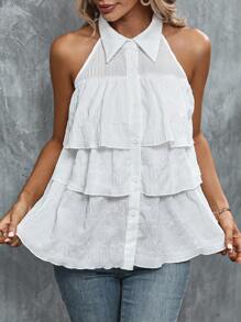 SHEIN LUNE Solid Layer Hem Button Front Sleeveless Shirt - White - View 6