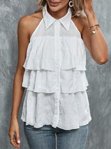 SHEIN LUNE Solid Layer Hem Button Front Sleeveless Shirt - White - View 1