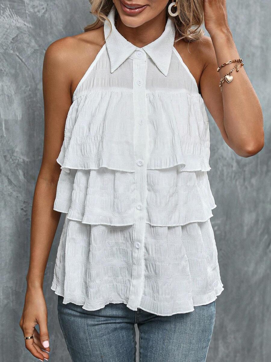 SHEIN LUNE Solid Layer Hem Button Front Sleeveless Shirt - White - View 1