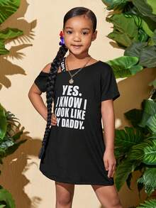 SHEIN 小女童標語圖案不對稱領T恤洋裝 - 黑色 - 查看 3