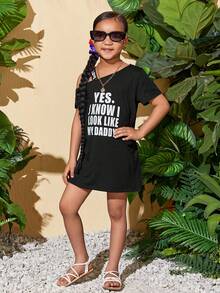 SHEIN 小女童標語圖案不對稱領T恤洋裝 - 黑色 - 查看 5