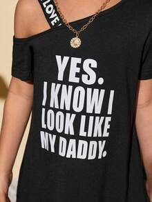 SHEIN 小女童標語圖案不對稱領T恤洋裝 - 黑色 - 查看 6