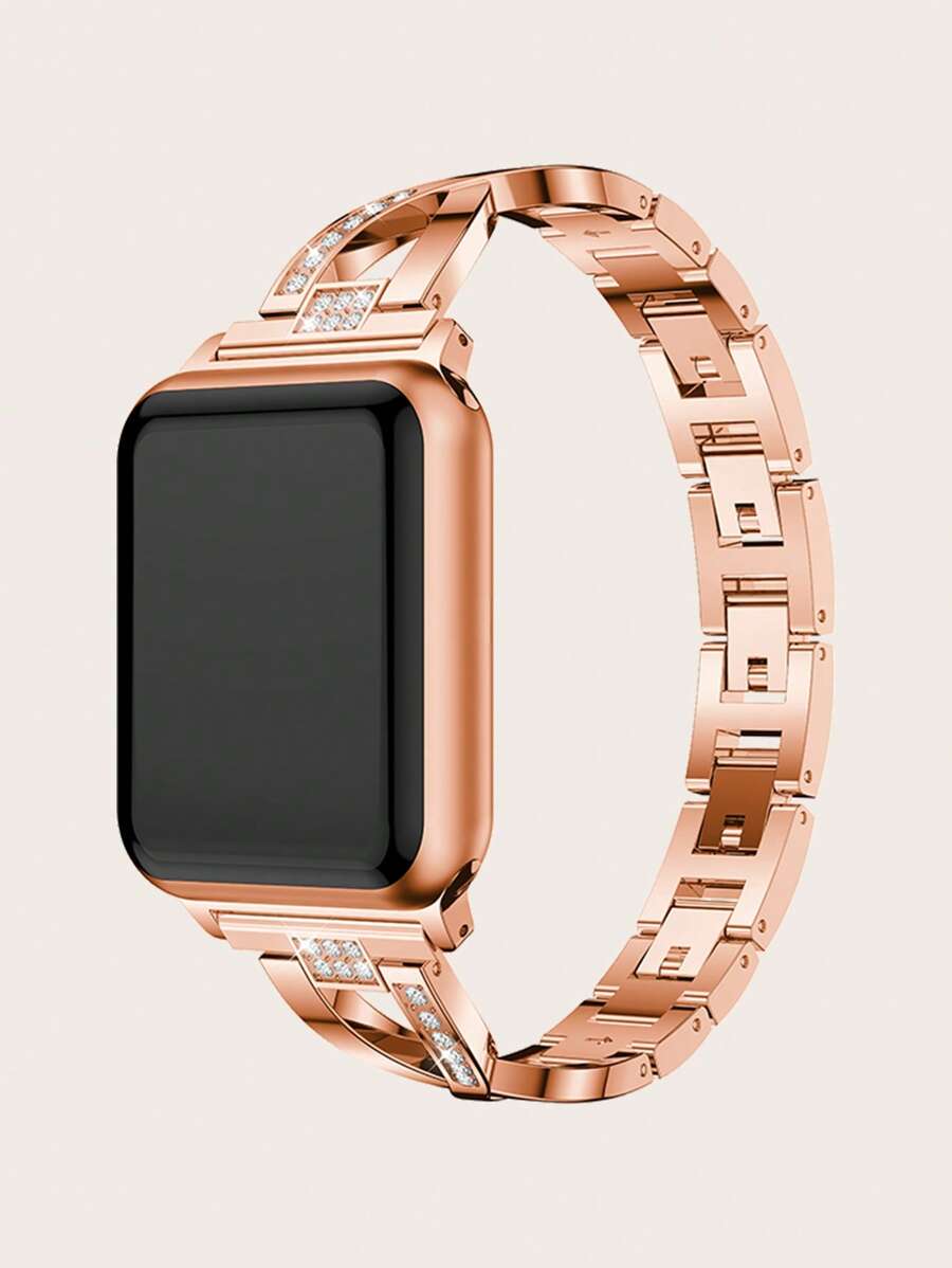 1pc Rose Gold Rhinestone Inlaid X-Shaped Stainless Steel Smart Watch Band Compatible With Apple Watch - Rose Gold - View 1