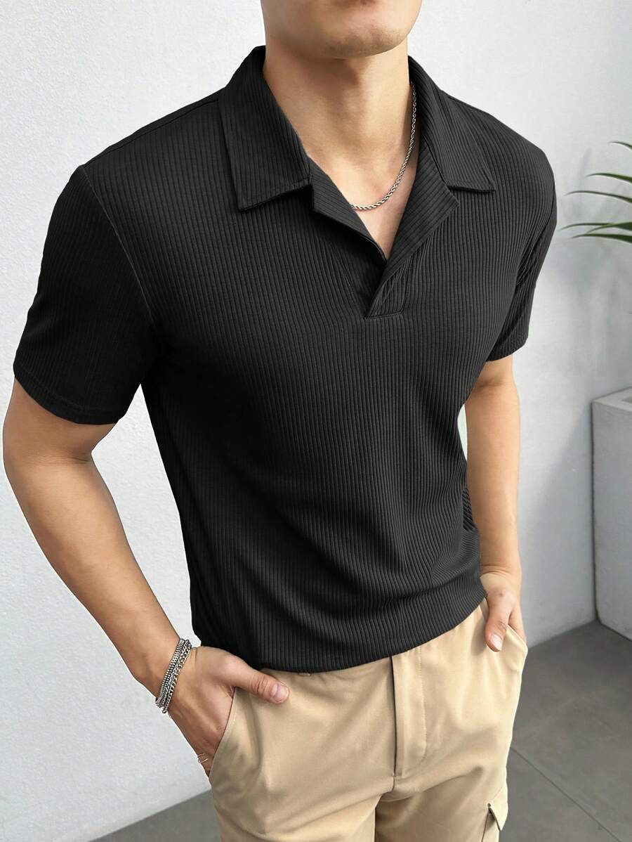 Manfinity VCAY Men Cotton Solid Ribbed Knit Polo Shirt - Black - View 1