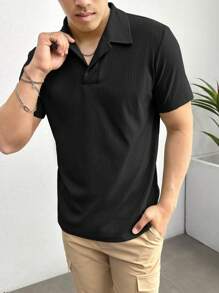 Manfinity VCAY Men Cotton Solid Ribbed Knit Polo Shirt - Black - View 5