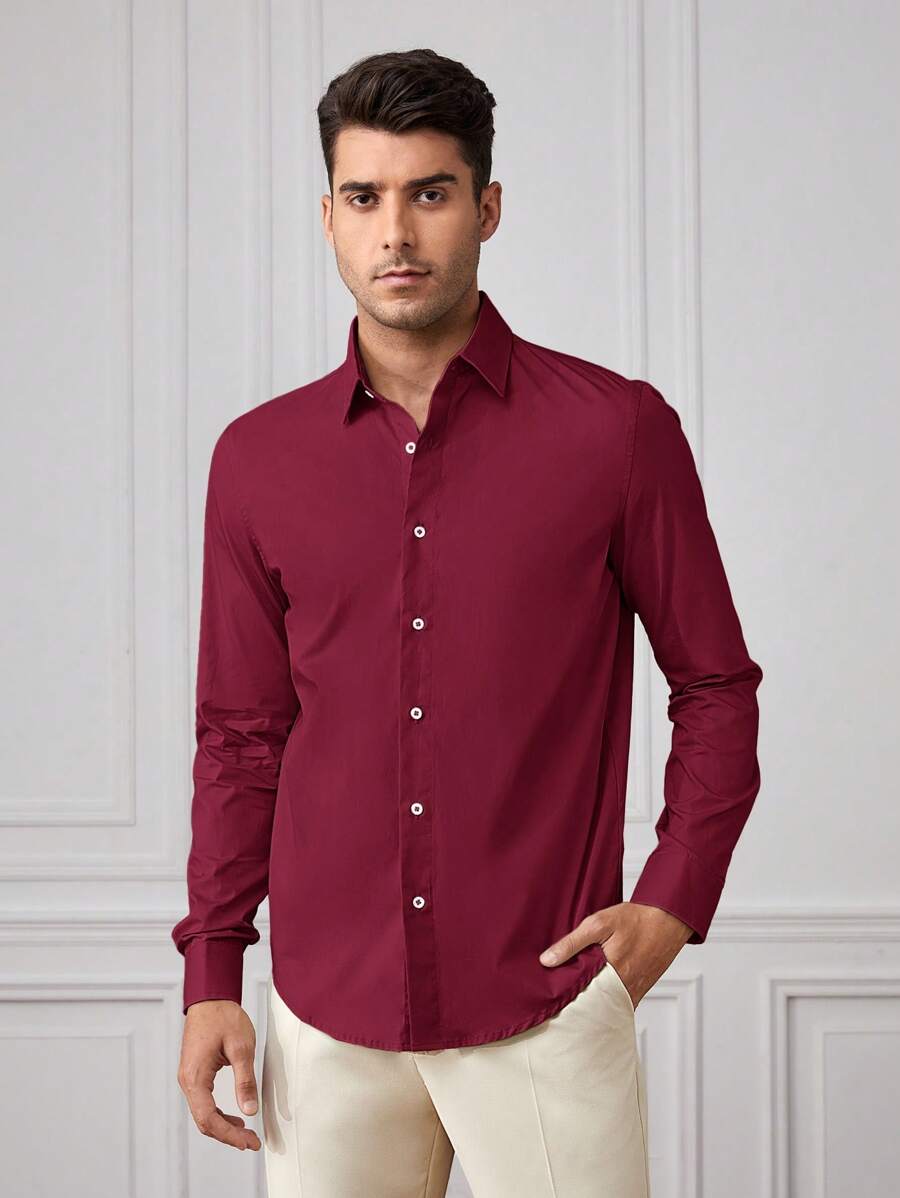 Manfinity NiteLyfe 男士棉素色前紐扣襯衫 - 酒紅色 - 查看 1