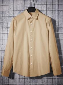 GENTILAND 男士棉素色前排扣襯衫 - 卡其色 - 查看 2