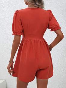 SHEIN LUNE 素色前紐扣泡泡袖連身短褲 - 鏽棕色 - 查看 3