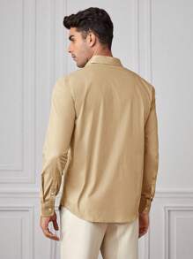 GENTILAND 男士棉素色前排扣襯衫 - 卡其色 - 查看 5