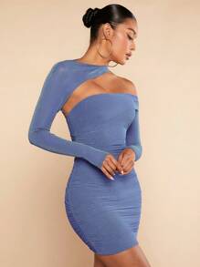 SHEIN BAE 不對稱領褶邊緊身連衣裙 - 藍色 - 查看 4