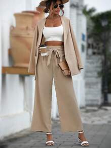 SHEIN LUNE Bộ âu phục nữ Thắt lưng Quần paper-bag màu trơn Thanh lịch - Màu Khaki - Xem 3