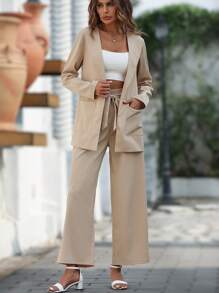 SHEIN LUNE Bộ âu phục nữ Thắt lưng Quần paper-bag màu trơn Thanh lịch - Màu Khaki - Xem 5