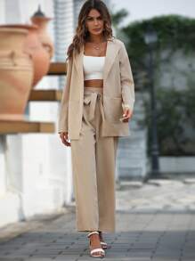 SHEIN LUNE Bộ âu phục nữ Thắt lưng Quần paper-bag màu trơn Thanh lịch - Màu Khaki - Xem 6