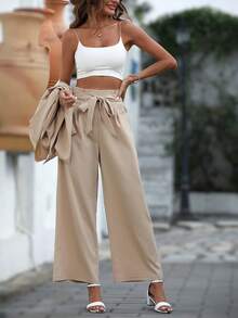 SHEIN LUNE Bộ âu phục nữ Thắt lưng Quần paper-bag màu trơn Thanh lịch - Màu Khaki - Xem 7