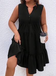 SHEIN LUNE 大碼缺口領荷葉邊娃娃裙 - 黑色 - 查看 4