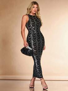 SHEIN BAE Sequin Decor Bodycon Dress - Black - View 4