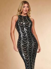 SHEIN BAE Sequin Decor Bodycon Dress - Black - View 6