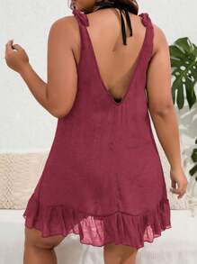 SHEIN Swim Curve Talla grande Vestido cover up bajo con fruncido de hombros con cordón - Burdeos - Ver 2