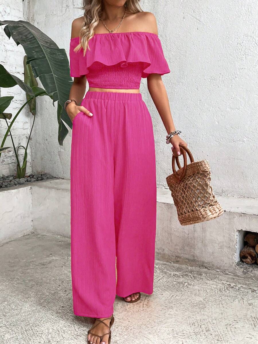 Breezaya de hombros descubiertos ribete con fruncido Blusa & Pantalones de pierna ancha - Rosa Fucsia - Ver 1