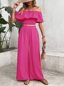 Breezaya de hombros descubiertos ribete con fruncido Blusa & Pantalones de pierna ancha - Rosa Fucsia - Ver 4