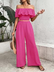 Breezaya de hombros descubiertos ribete con fruncido Blusa & Pantalones de pierna ancha - Rosa Fucsia - Ver 5