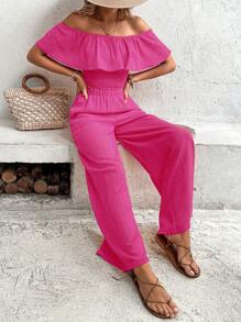 Breezaya de hombros descubiertos ribete con fruncido Blusa & Pantalones de pierna ancha - Rosa Fucsia - Ver 6