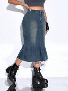 SHEIN ICON Plus Mermaid Hem Denim Skirt - Medium Wash - View 3