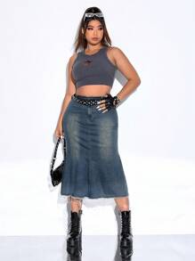 SHEIN ICON Plus Mermaid Hem Denim Skirt - Medium Wash - View 1