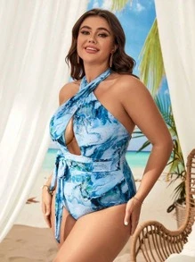 SHEIN 大碼大理石圖案交叉吊脖連體泳衣 - 彩色 - 查看 3