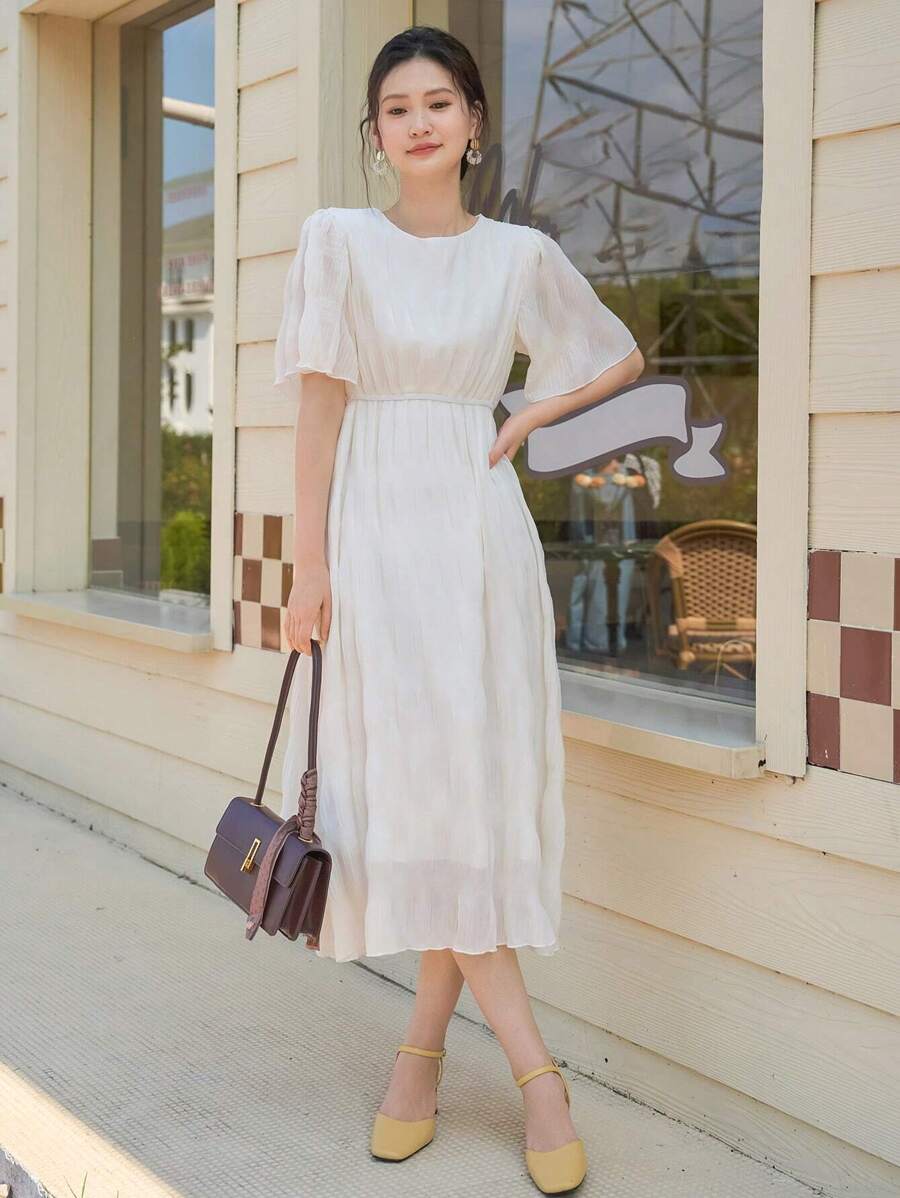 DAZY Solid Puff Sleeve A-line Dress - Beige - View 1