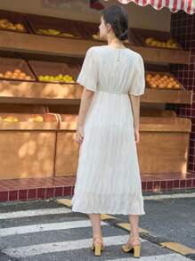 DAZY Solid Puff Sleeve A-line Dress - Beige - View 2